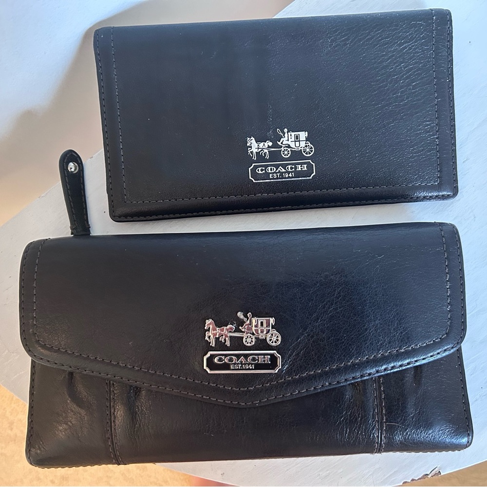 Coach Madison Leather Envelope Trifold Clutch &Checkbook Wallet Black & Lavender